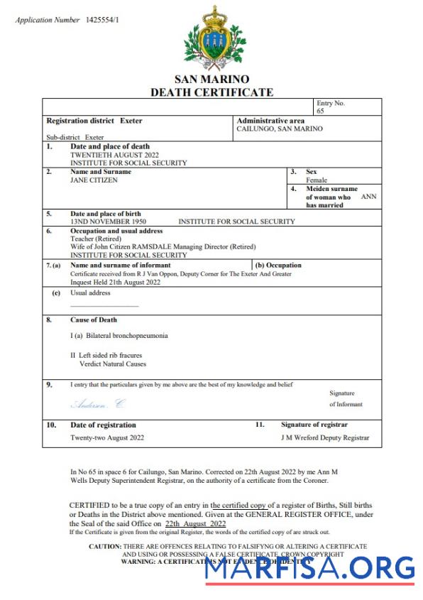 Realistic San Marino death certificate Word and PDF template